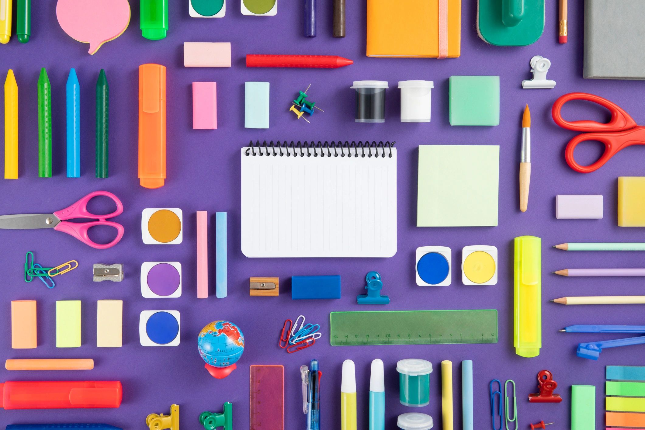 Colorful school supplies flat lay